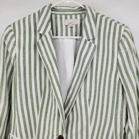 Loft Ann Taylor Green White Striped Linen Blend Preppy Beachy Blazer Jacket 8 - Picture 9 of 10